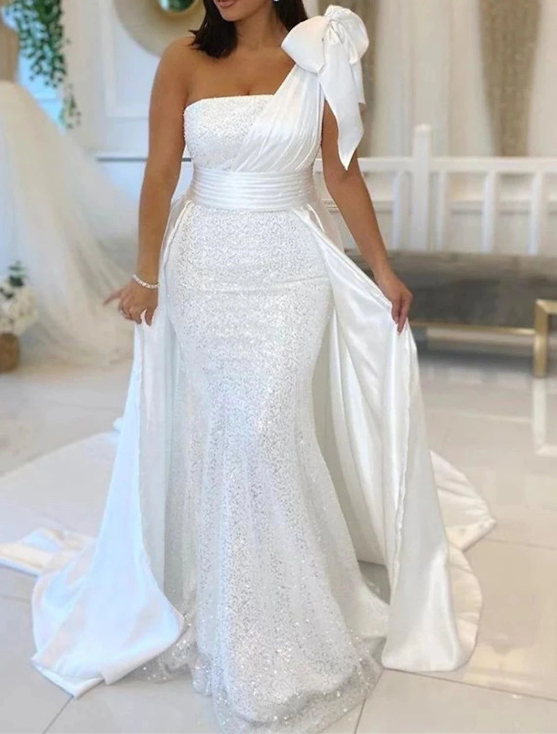 Hall Wedding Dresses Mermaid / Trumpet One Shoulder Sleeveless Chapel Train Sequined Bridal Gowns With Bow(s) SequinHall Wedding Dresses Mermaid / Trumpet One Shoulder Sleeveless Chapel Train Sequined Bridal Gowns With Bow(s) Sequin