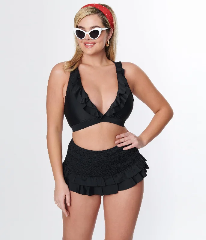 Unique Vintage Black Ruffle Halter Swim Top