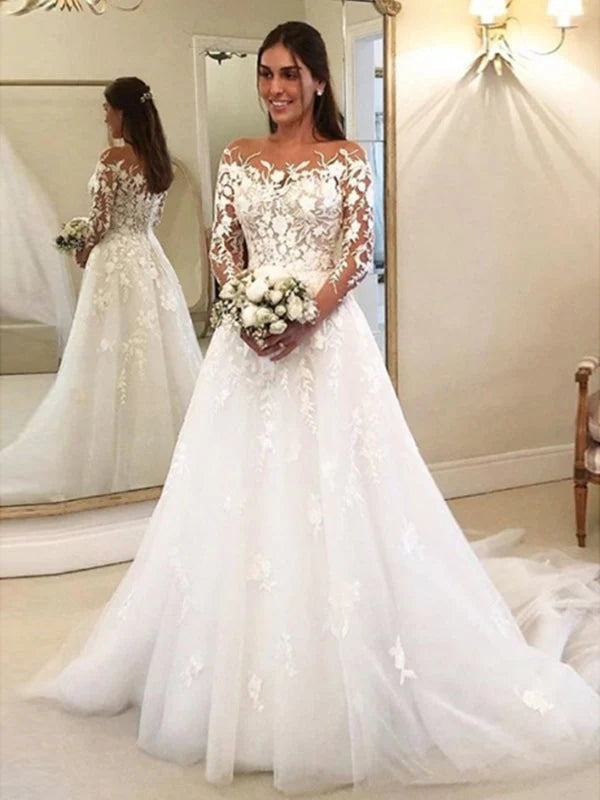 Illusion Crew Neckline Long Sleeve Applique A Line Wedding Dresses