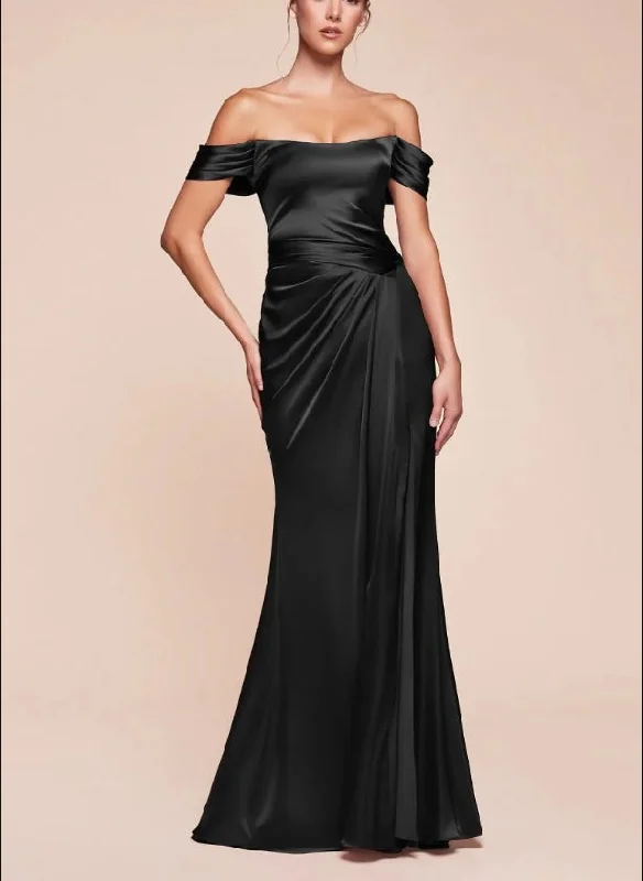 DingJiDress New Pattern Wedding Guest Dress Fitted Luxe Satin Gown Sweetheart Off The Shoulder Gathered Hipline Leg Slit Back Lace-up Corset Black Formal Dress Evening Dress