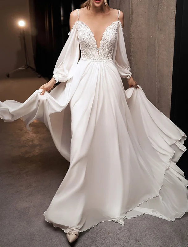 Beach Boho Wedding Dresses A-Line Off Shoulder Long Sleeve Sweep / Brush Train Chiffon Bridal Gowns With Appliques