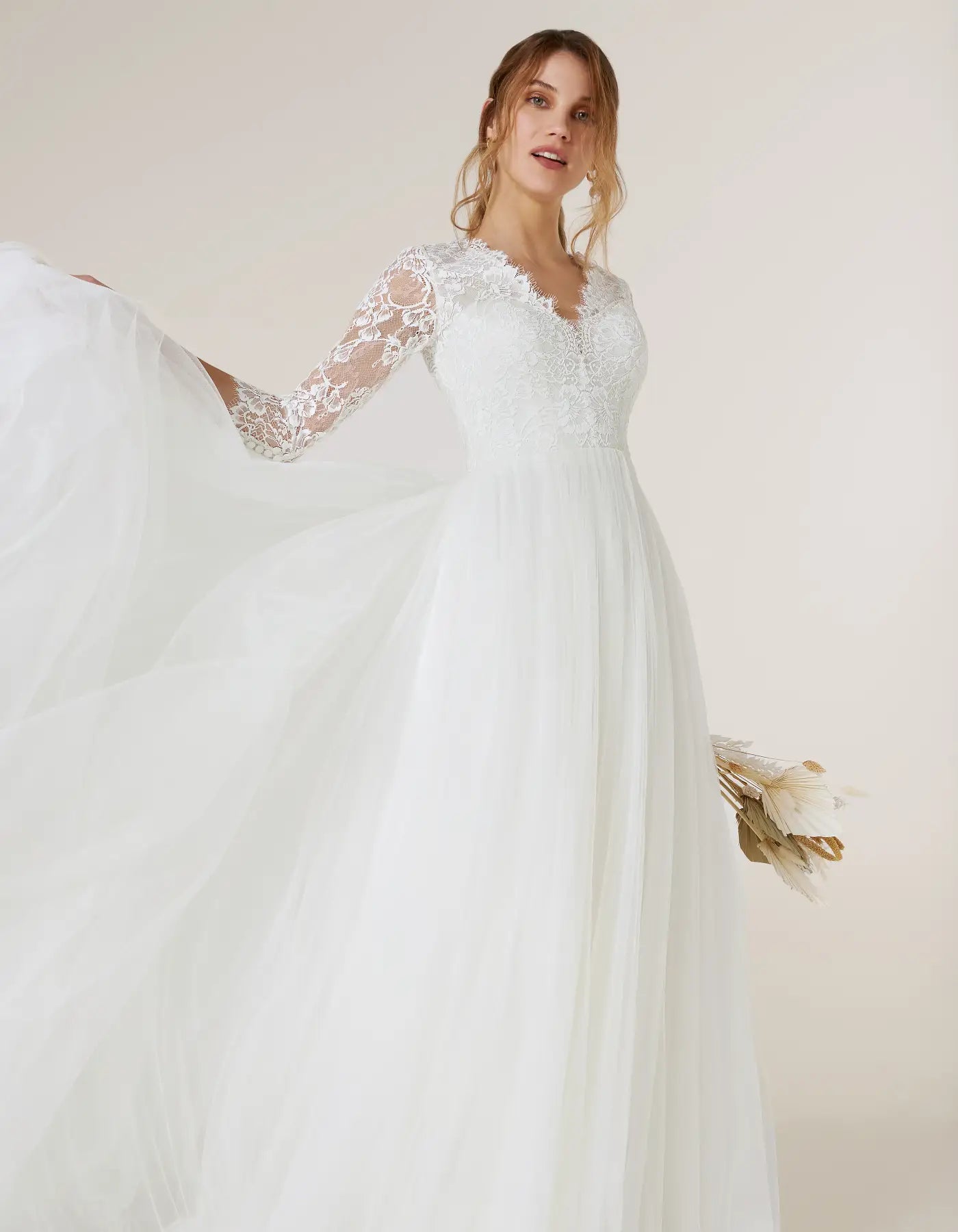 DingJiDress a chantilly lace gown with sleeves Wedding Dresses