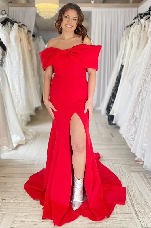 DingJiDress Evening Dress Off-the-Shoulder Bow Mermaid Cultivate oneself Gown with Slit Elegant Exquisite Formal Women's Dresses Wedding Guest Dresses