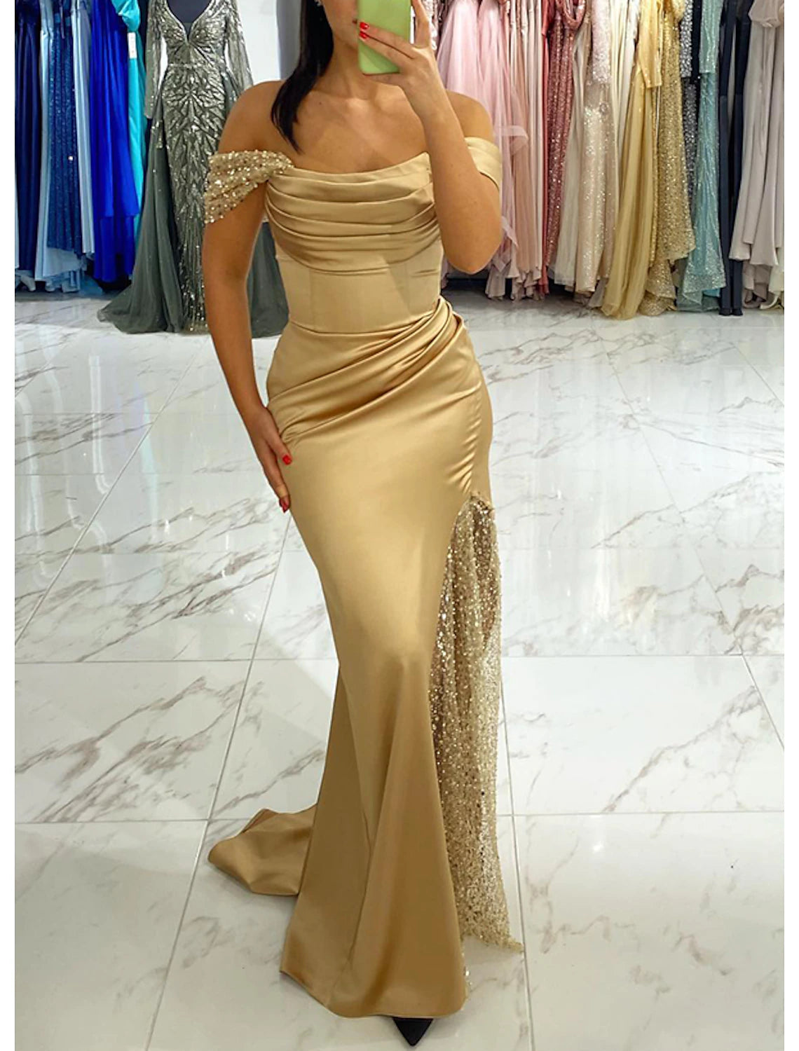 Mermaid / Trumpet Evening Gown Sparkle Dress Wedding Prom Floor Length Short Sleeve Off Shoulder Satin with Ruched Pearls Sequin