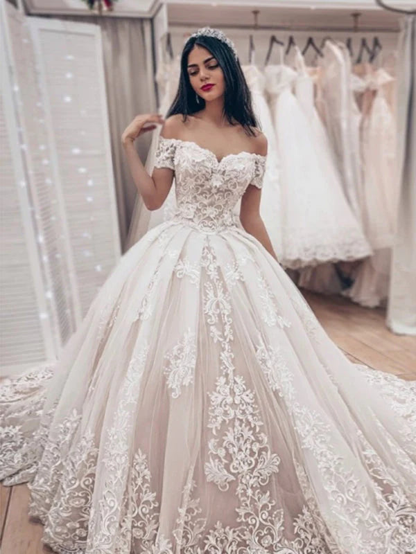 Applique Off The Shoulder Sweetheart Ball Gown Wedding Dresses