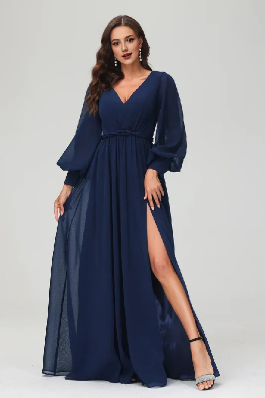 DingJiDress Evening Dress A-Line V-neck Long Sleeves V Neck Floor Length Dress Side Fork Elegant Exquisite Wedding Guest Dresses