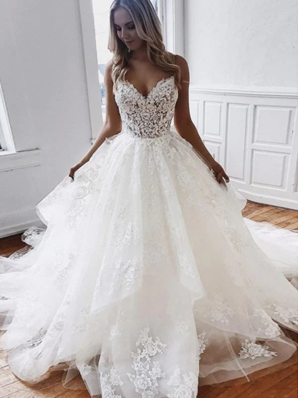 Spaghetti Strap V Neck A Line Tiered Wedding Dresses