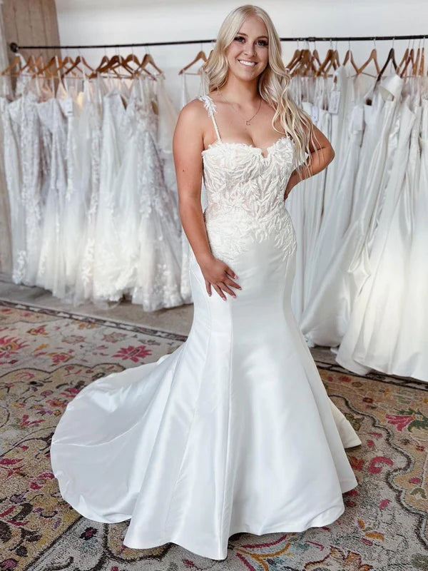 Straps Applique Mermaid Satin Wedding Dress