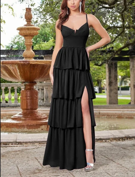 DingJiDress New Pattern Wedding Guest Dress Spaghetti Strap Cascading Ruffles Side fork Gracefully Black Formal Dress Evening Dress