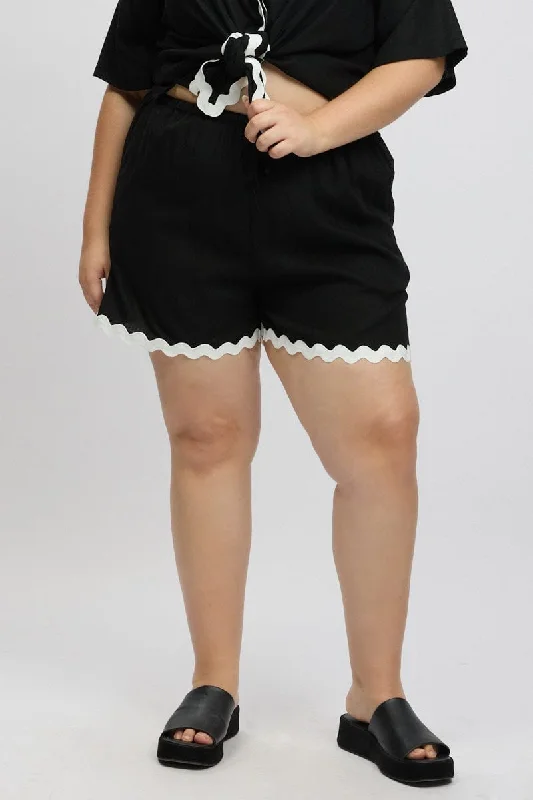 Black Ric Rac Trim Linen Blend Shorts