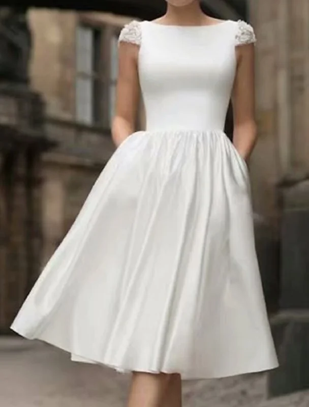 Reception Little White Dresses Wedding Dresses A-Line Scoop Neck Cap Sleeve Knee Length Satin Bridal Gowns