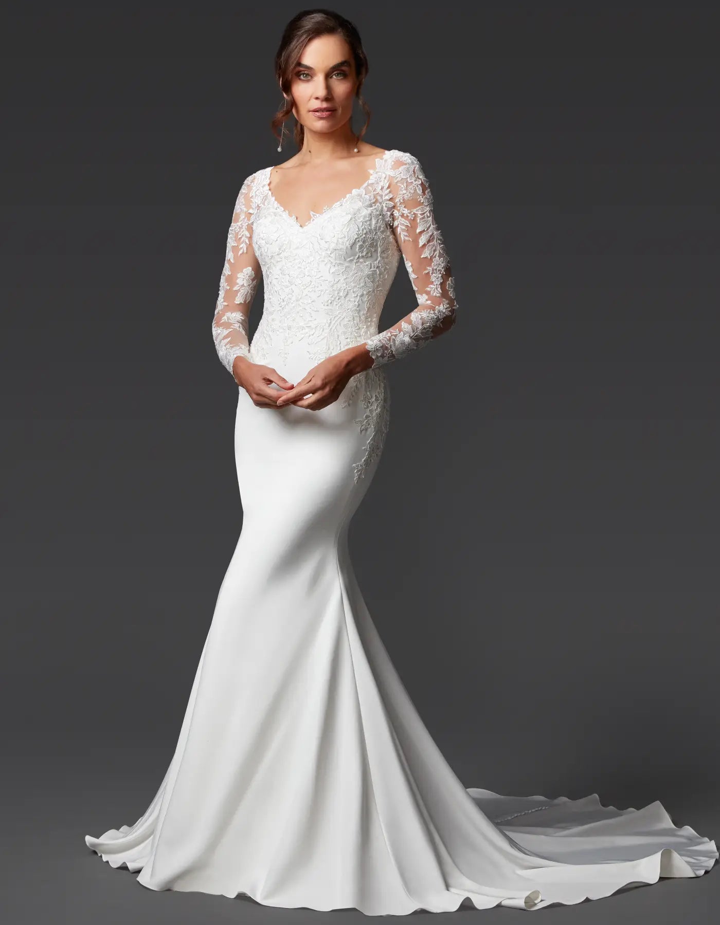 DingJiDress a crepe and lace sheath with full-length sleeves Wedding Dresses