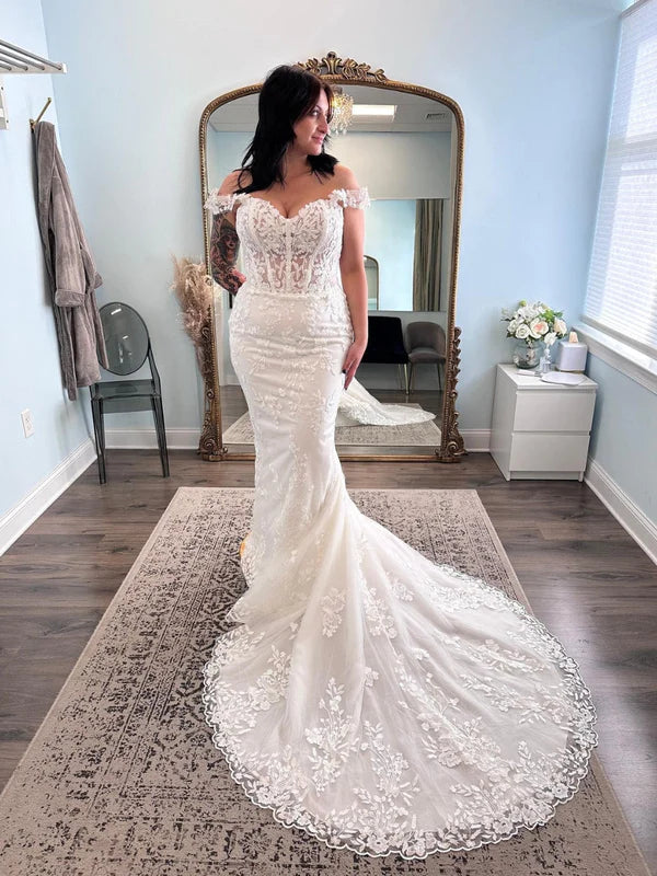 Mermaid Off The Shoulder Applique Wedding Dresses With Chapel Train