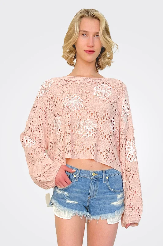 Bell Sleeve Eyelet Top - Pink Mojito