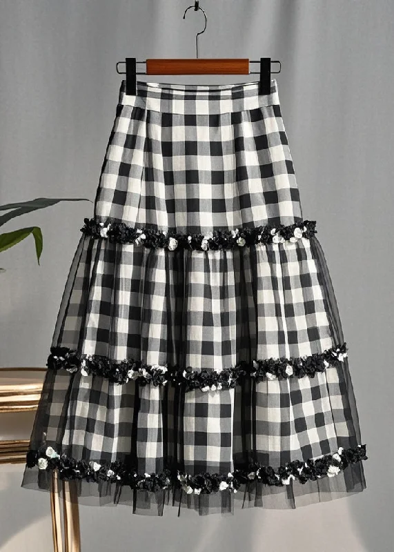 Fitted Grey Ruffled Plaid Patchwork Tulle Skirts Summer