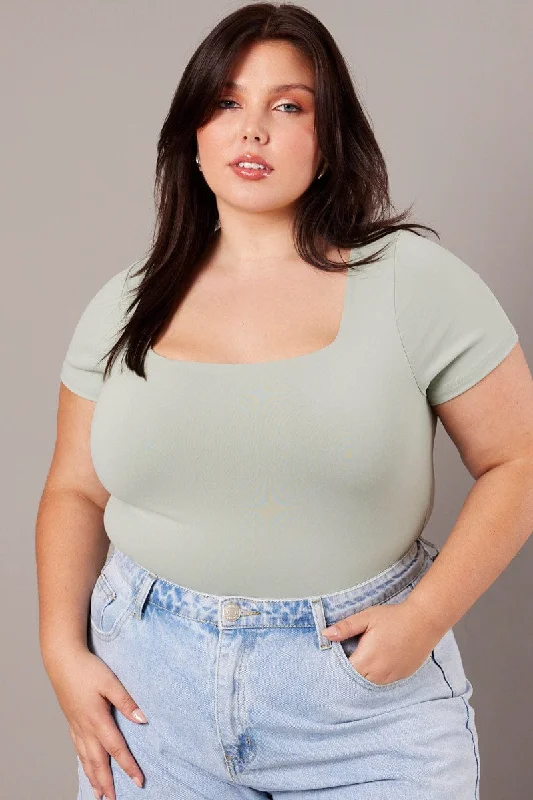 Green Bodysuit Short Sleeve Square Neck Supersoft