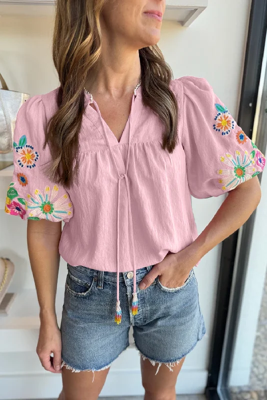 Floral Embroidered Puff Sleeve Split Neck Blouse