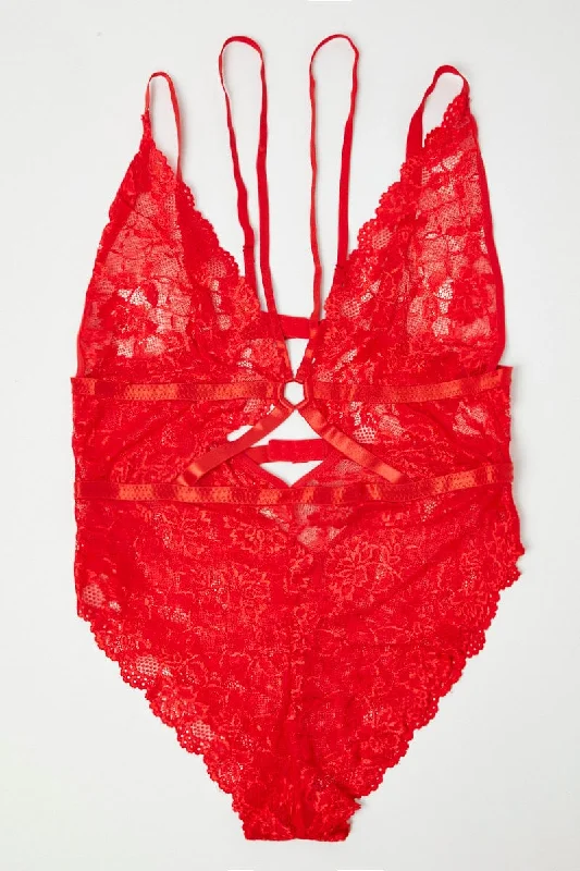 Red Lace One Piece Bodysuit