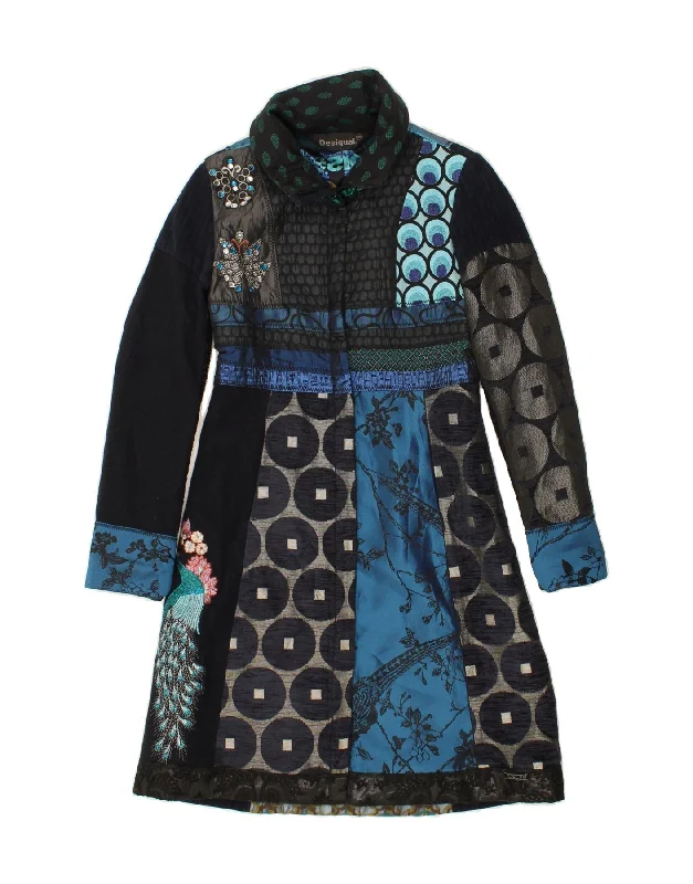 DESIGUAL Womens Graphic Overcoat EU 36 XS Navy Blue Geometric