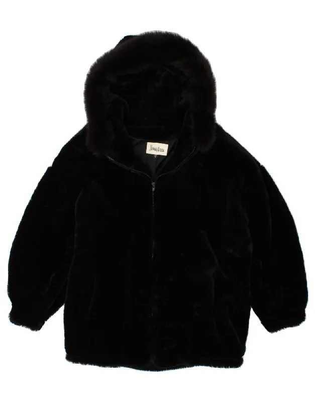 NEIMAN MARCUS Womens Faux Fur Overcoat UK 10 Small Black Acrylic