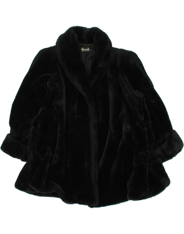 VINTAGE Womens Faux Fur Overcoat UK 14 Medium Black Polyester