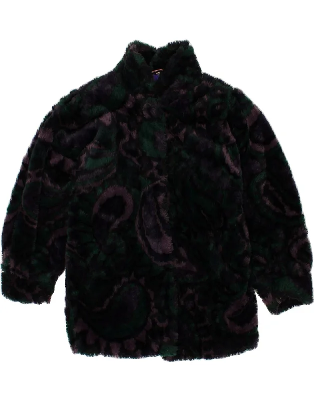 VINTAGE Womens Oversized Faux Fur Overcoat EU 36 Small Green Paisley