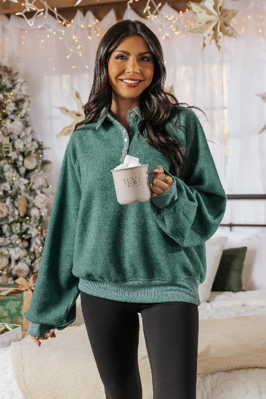 Green Brushed Button Up Pullover