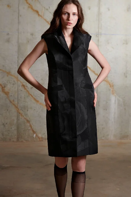 Sculpted Coatdress in Black Rose Satin Jacquard