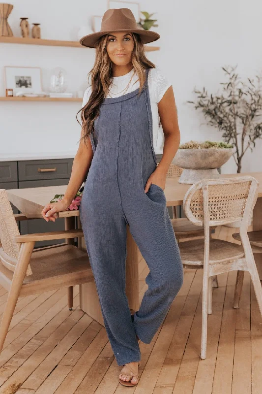 Seam Detail Faded Navy Crinkle Overalls - FINAL SALE