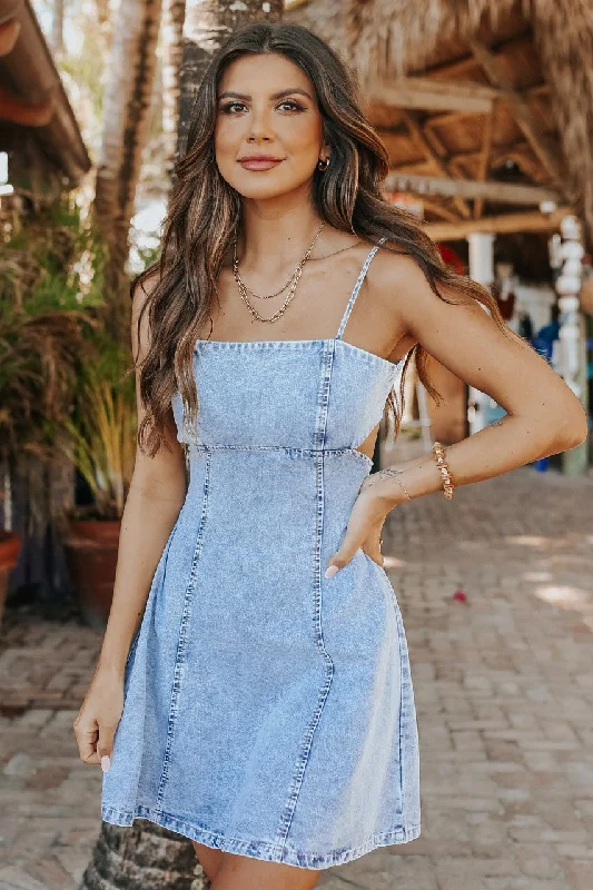 Square Neck Open Back Denim Dress