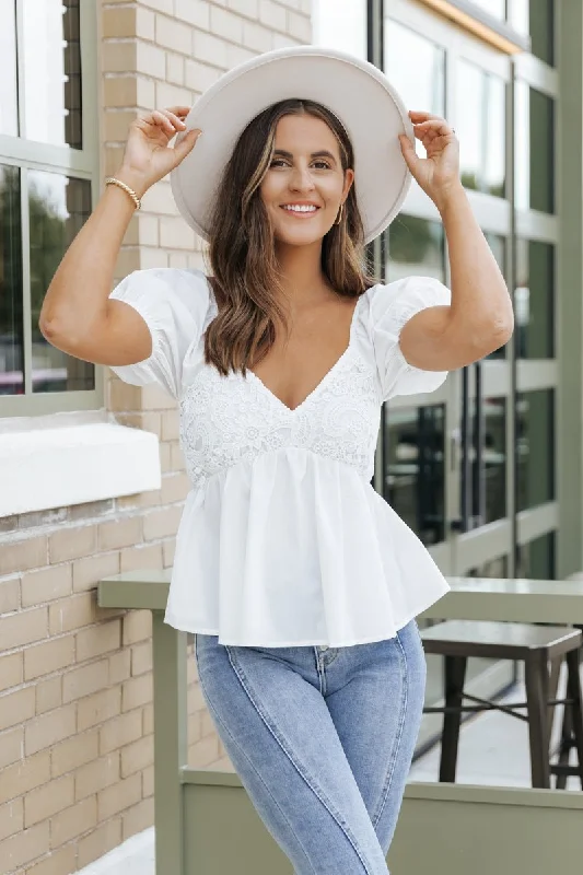 White Puff Sleeve Lace V Neck Top - FINAL SALE