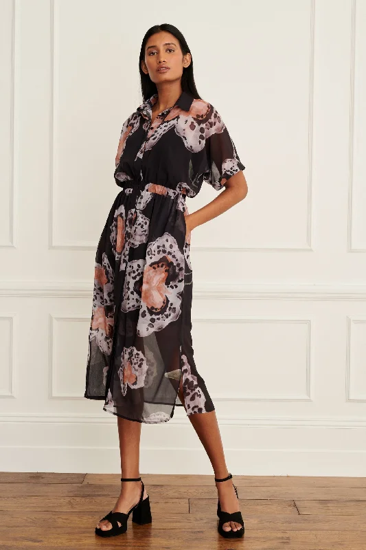 Black and Orange Printed Short Sleeve Tie Waist Midi Dress