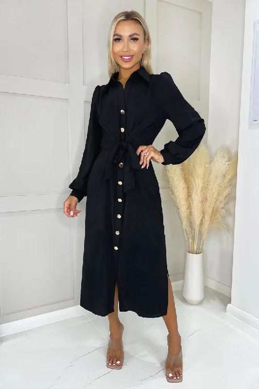 Black Button Front Tie Midi Shirt Dress