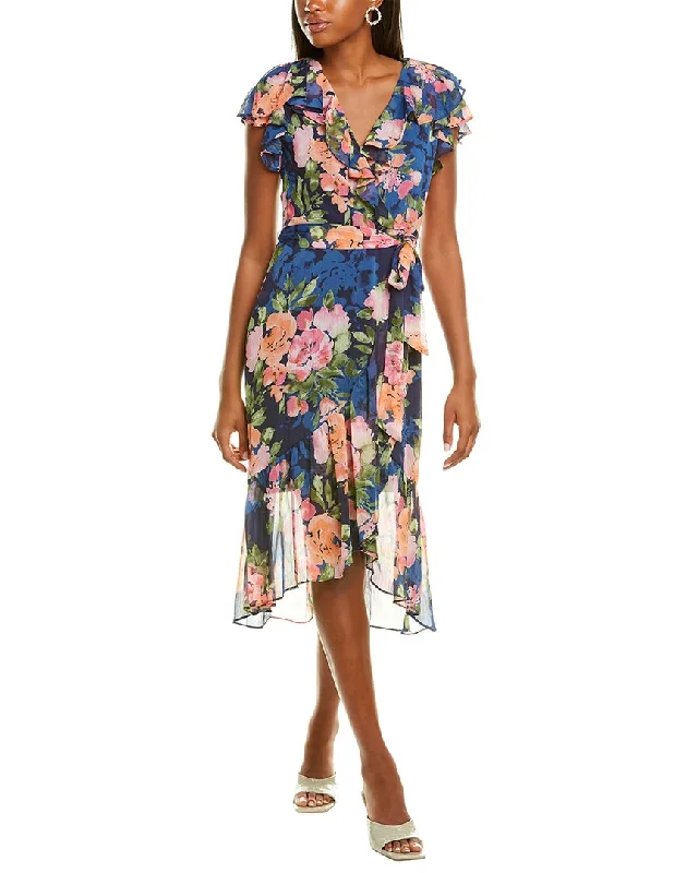 London Times Cold-Shoulder Ruffle Midi Dress