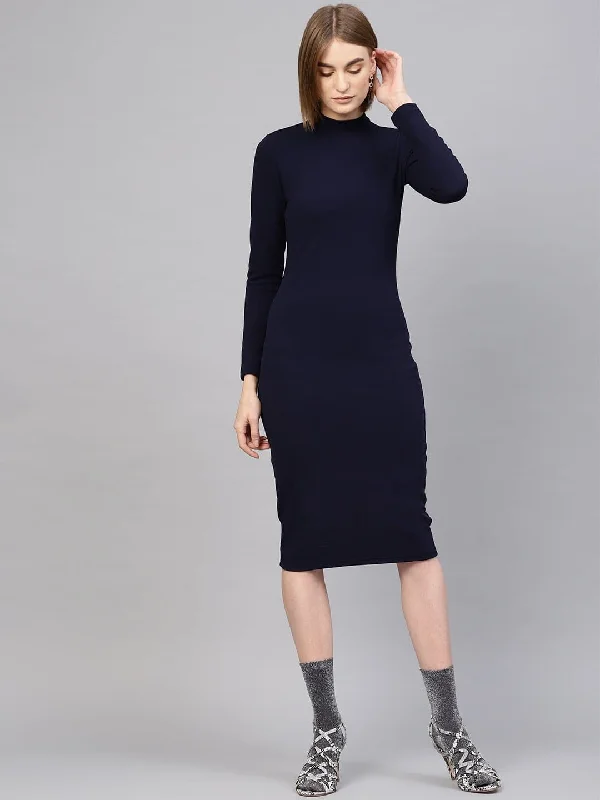 Navy High Neck Bodycon Midi Dress