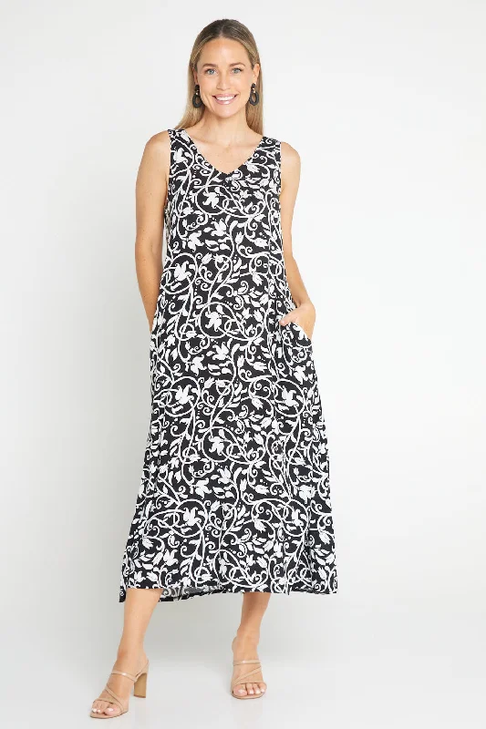 Sienna Sleeveless Midi Dress - Black Floral Flourish