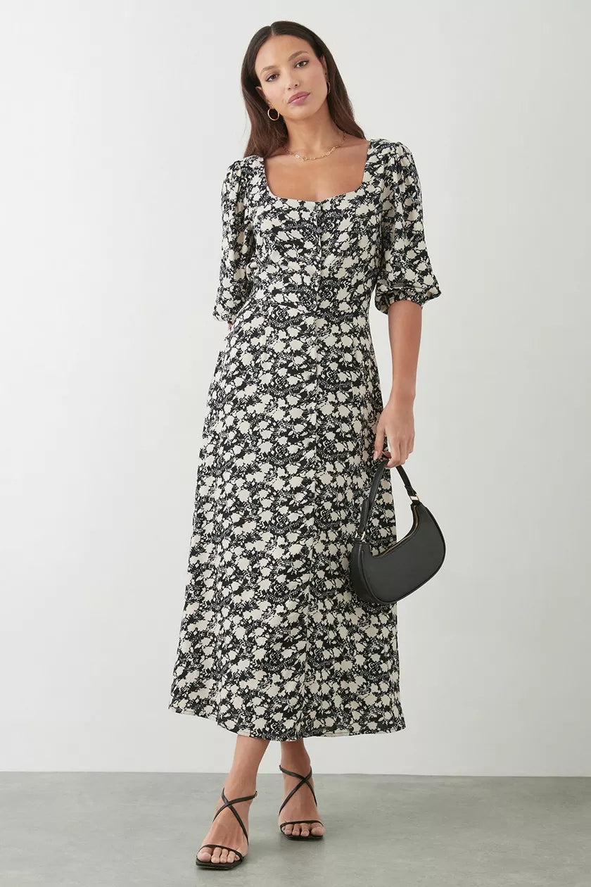 Tall Mono Ditsy Floral Button Through Midi Dress