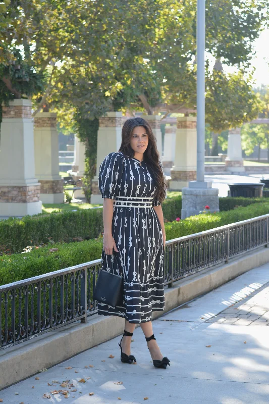 Thelma Cotton Black Bow Midi Dress