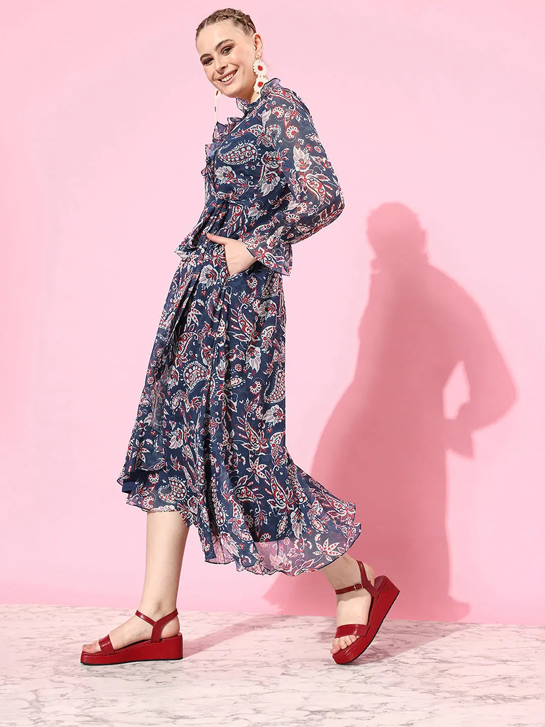 Warmth Of The Sun Frilled Midi Dress Multicolored-Base-Navy Blue