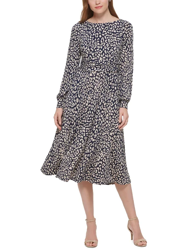 Womens Leopard Print Ruched Midi Dress