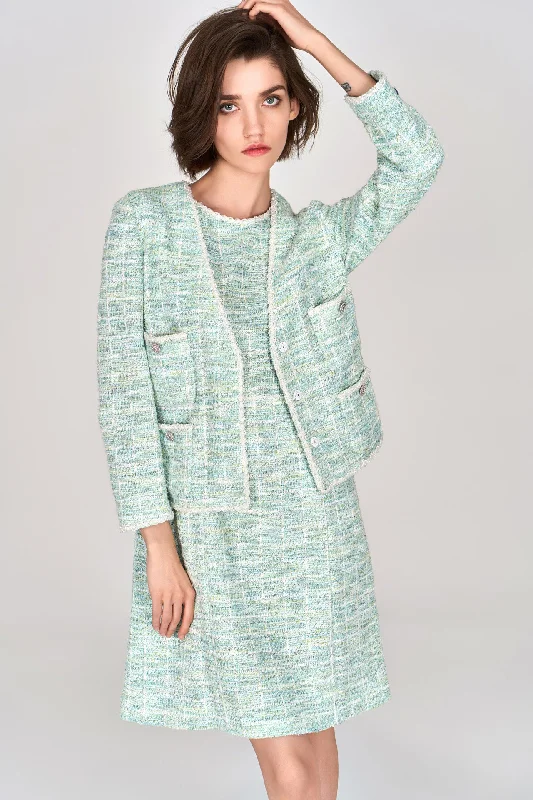 Mint Green V-neck Stretch Tweed Jacket