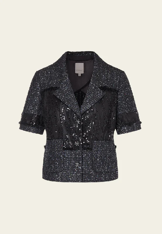 Black Shimmer Short Sleeves Tweed Jacket