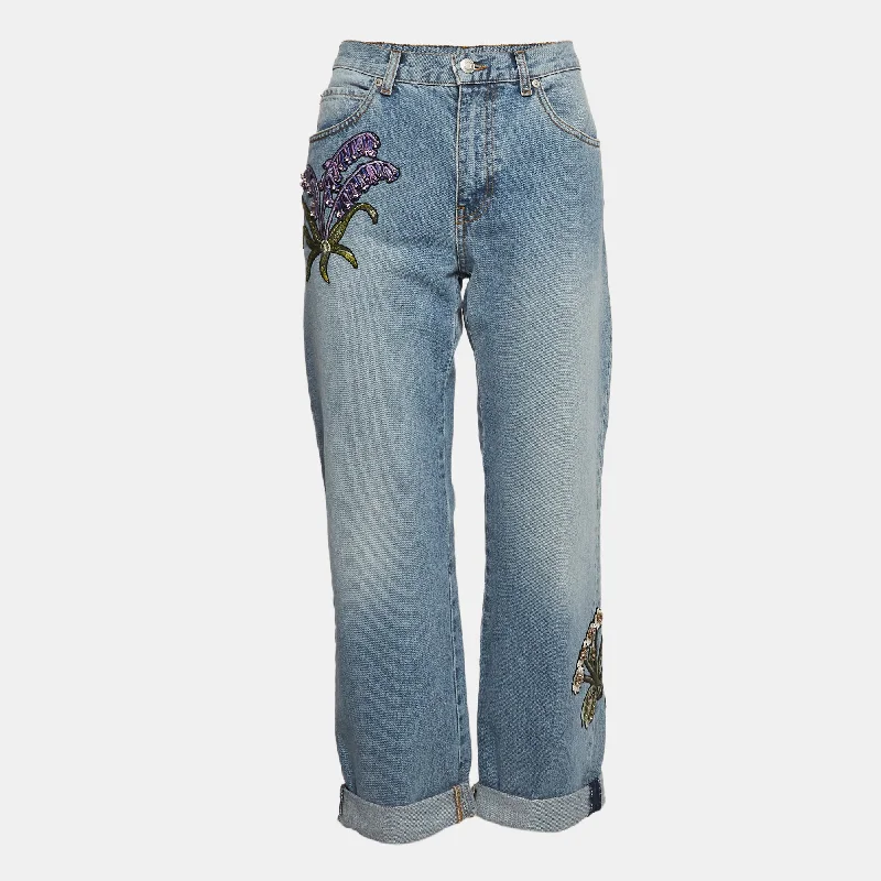 Alexander Mcqueen Blue Embroidered Floral Denim Boyfriend Jean