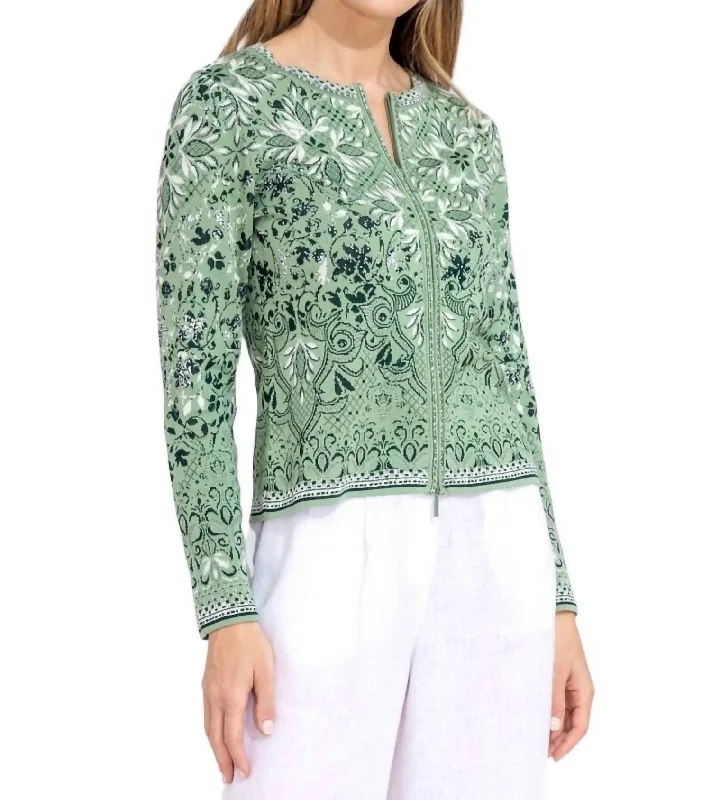 Alhambra Pattern Zip Cardigan In Pastel Green