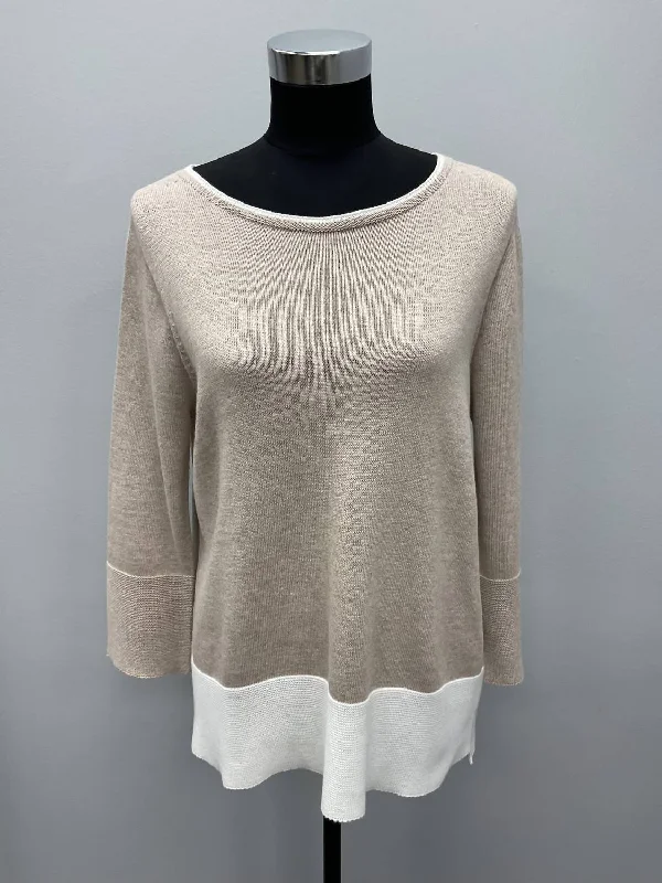 Beige Cotton 3/4 Sleeve Sweater In Beige And White