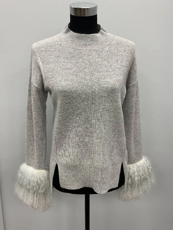 Cashmere Sweater With Mongolian Lamb Cuffs In Light Grey