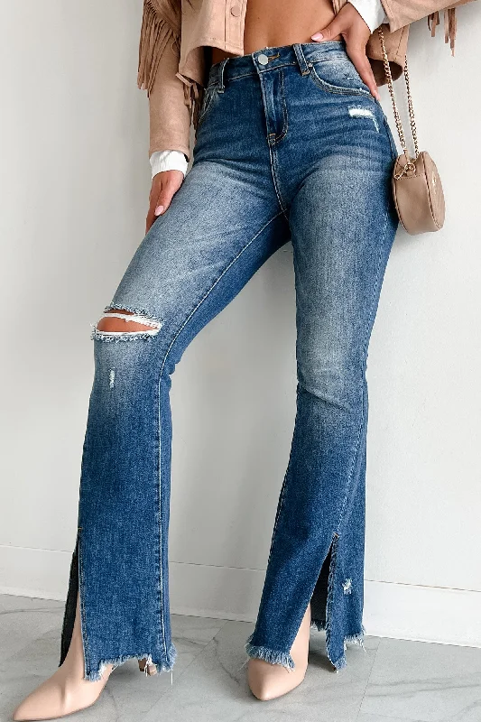 Cassius High Rise Split Hem Risen Flare Jeans (Dark)