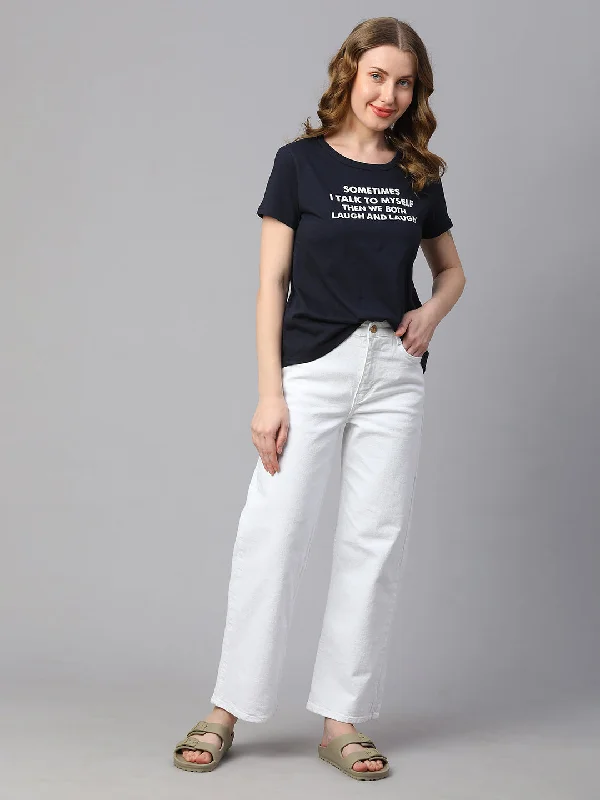 Women's Navy Cotton Regular Fit Tshirt