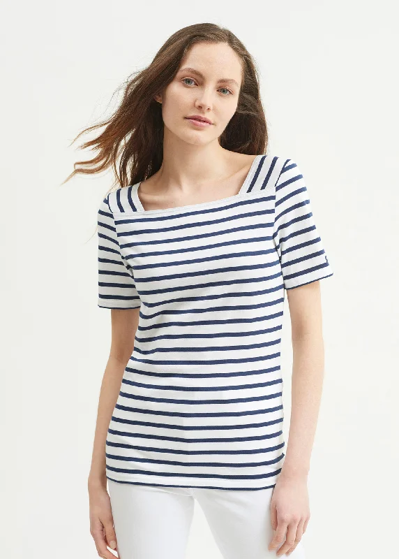 Pléneuf square neck striped sailor shirt - short sleeves, in light cotton (NEIGE/MARINE)