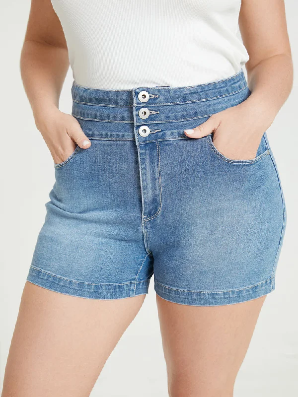 Very Stretchy Medium Wash Stitch Trim Denim Shorts